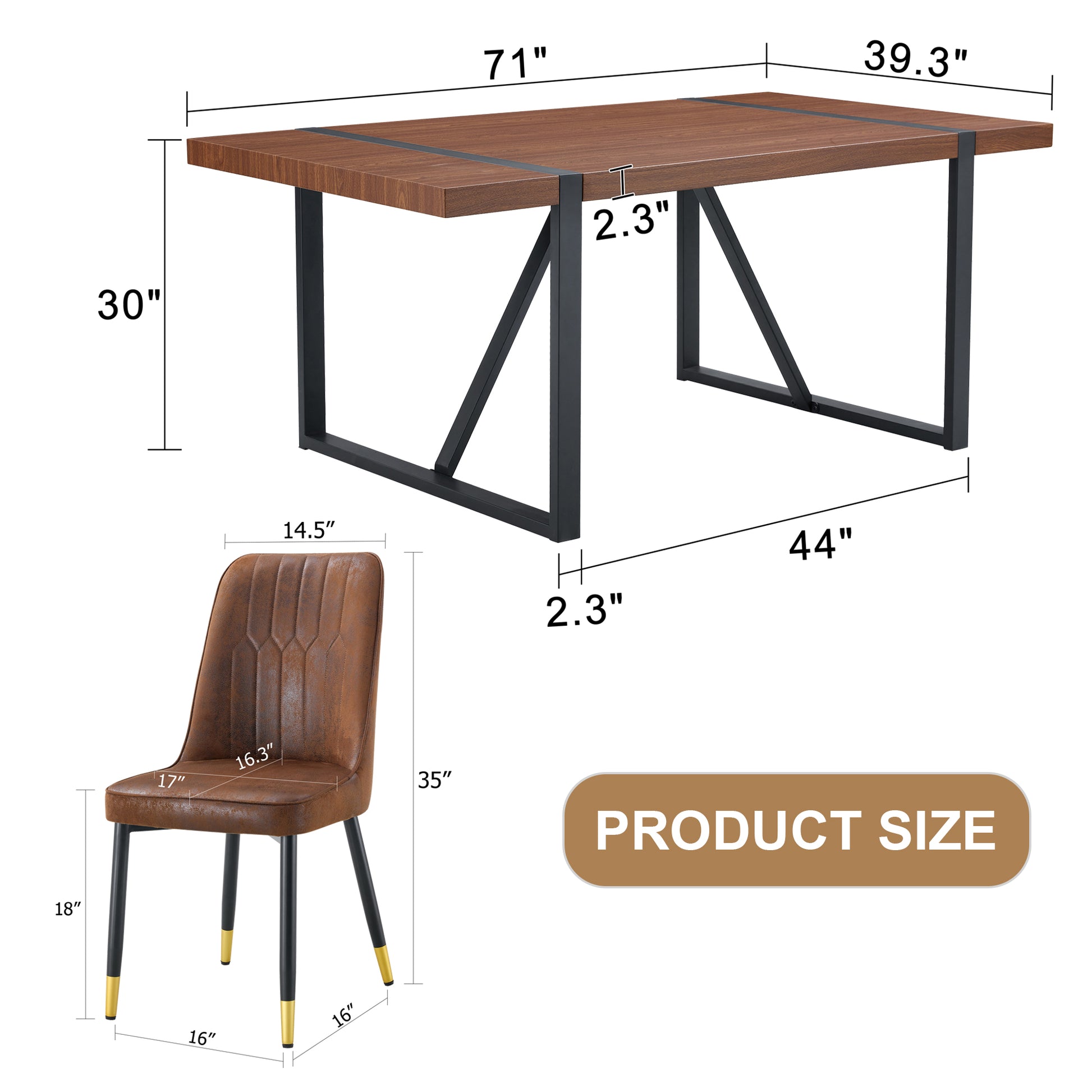 Rustic brown dining chair with black metal legs and gold accents