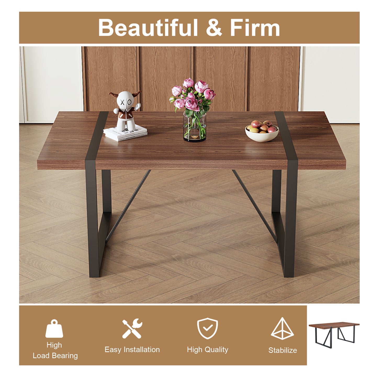 Rustic wood dining table with black metal legs
