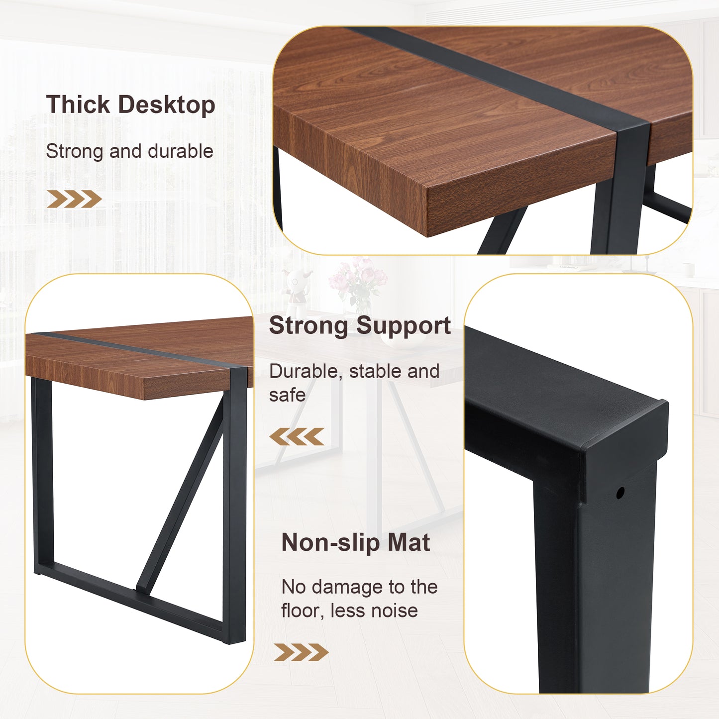 Wooden dining table with thick desktop and sturdy black metal legs