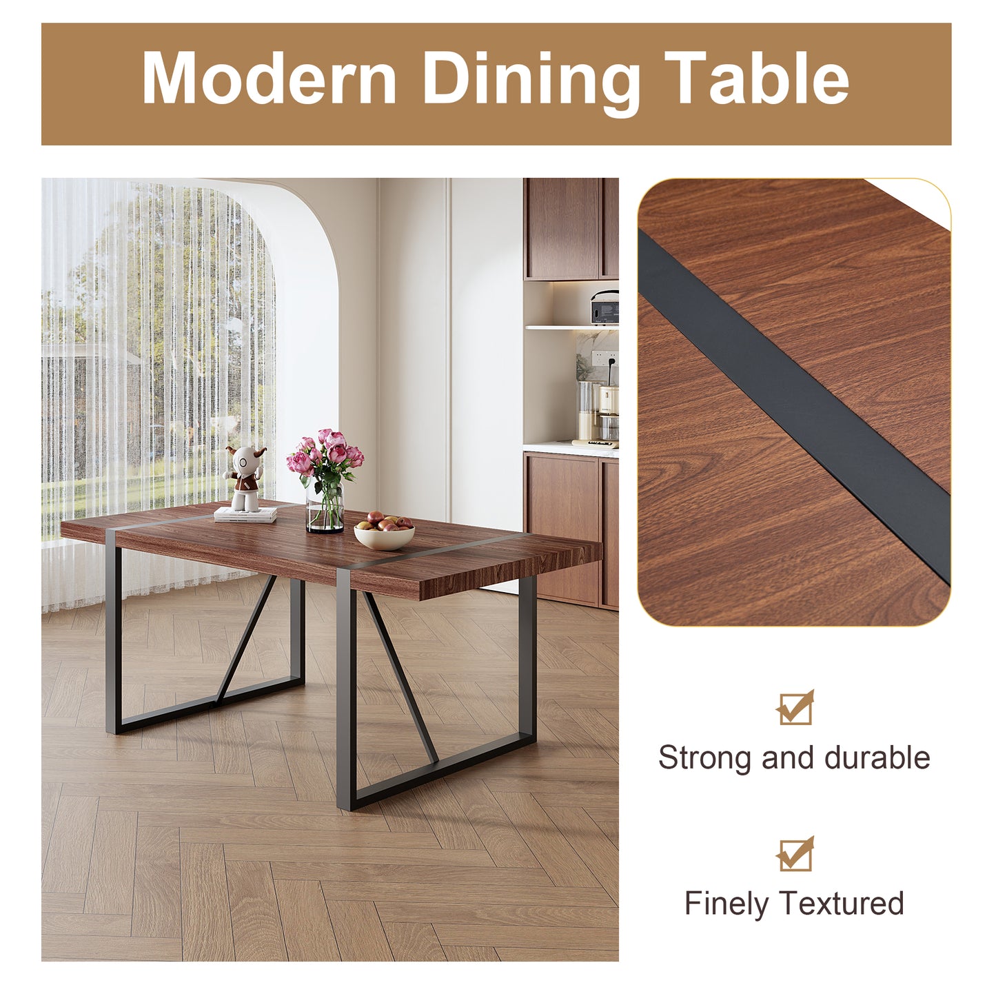 Rectangular walnut wood modern dining table with black metal legs