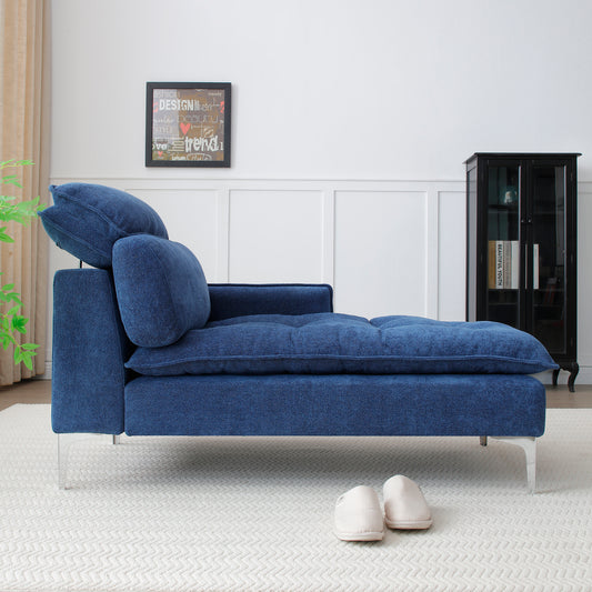 Navy blue chaise lounge with tufted seat cushions and silver legs
