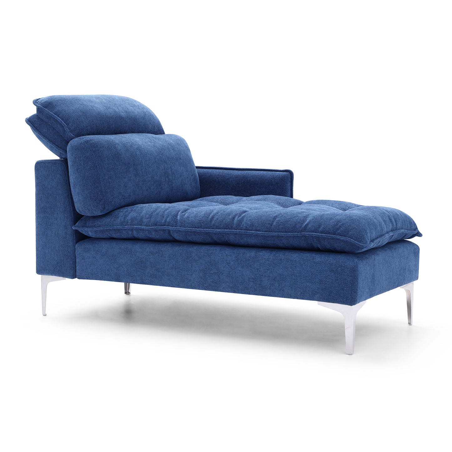 Blue fabric chaise lounge with tufted seat and adjustable headrest