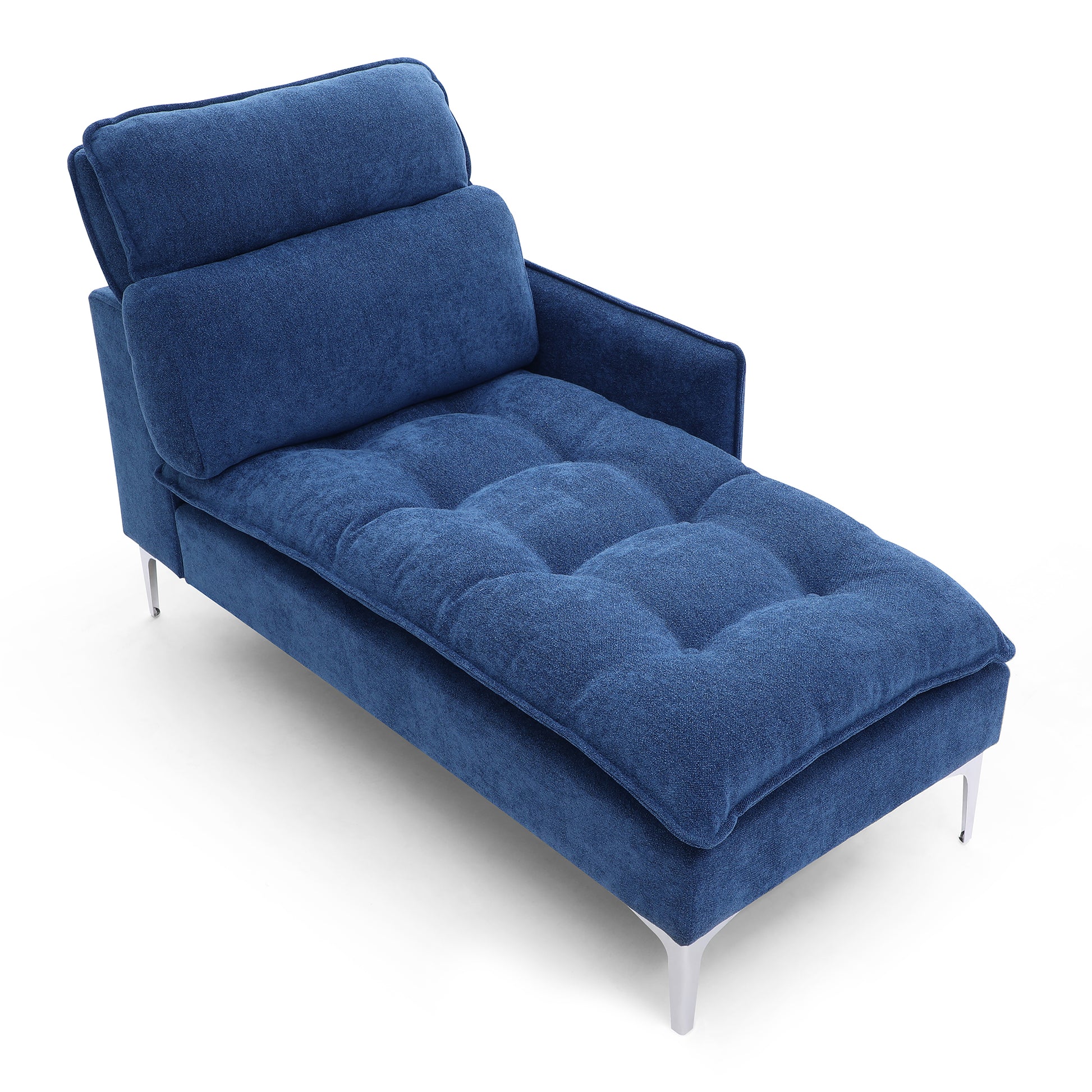 Navy blue upholstered chaise lounge with tufted seat and adjustable back