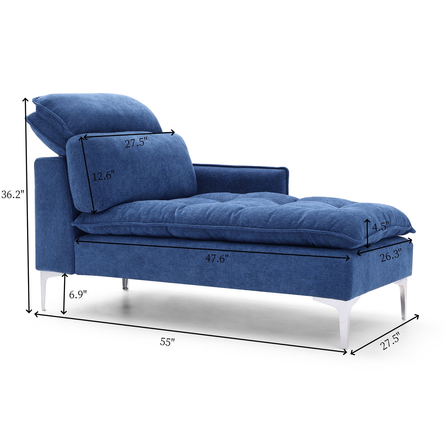 Blue upholstered chaise lounge with tufted seat and adjustable headrest