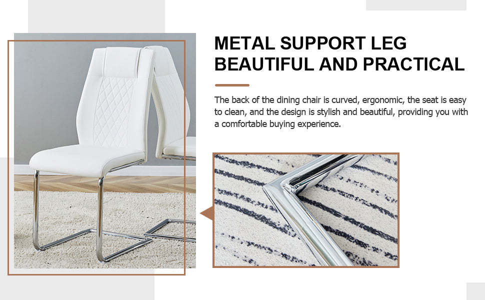 White faux leather dining chair with quilted back and chrome metal legs