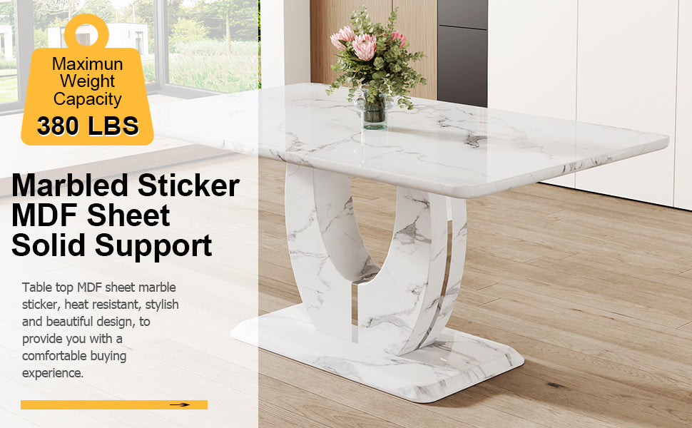 White marble effect dining table with modern pedestal base