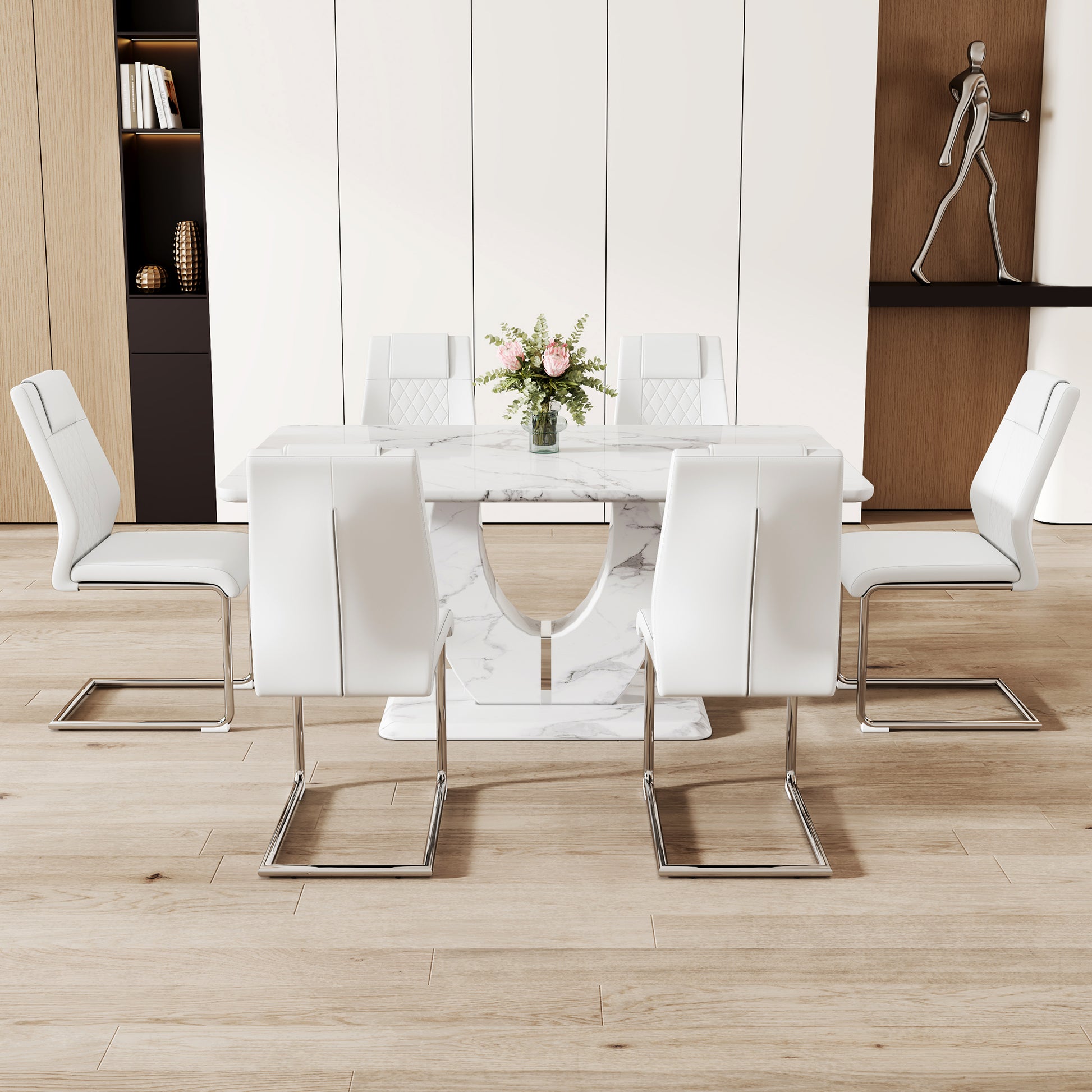 White faux leather dining chairs with chrome cantilever legs
