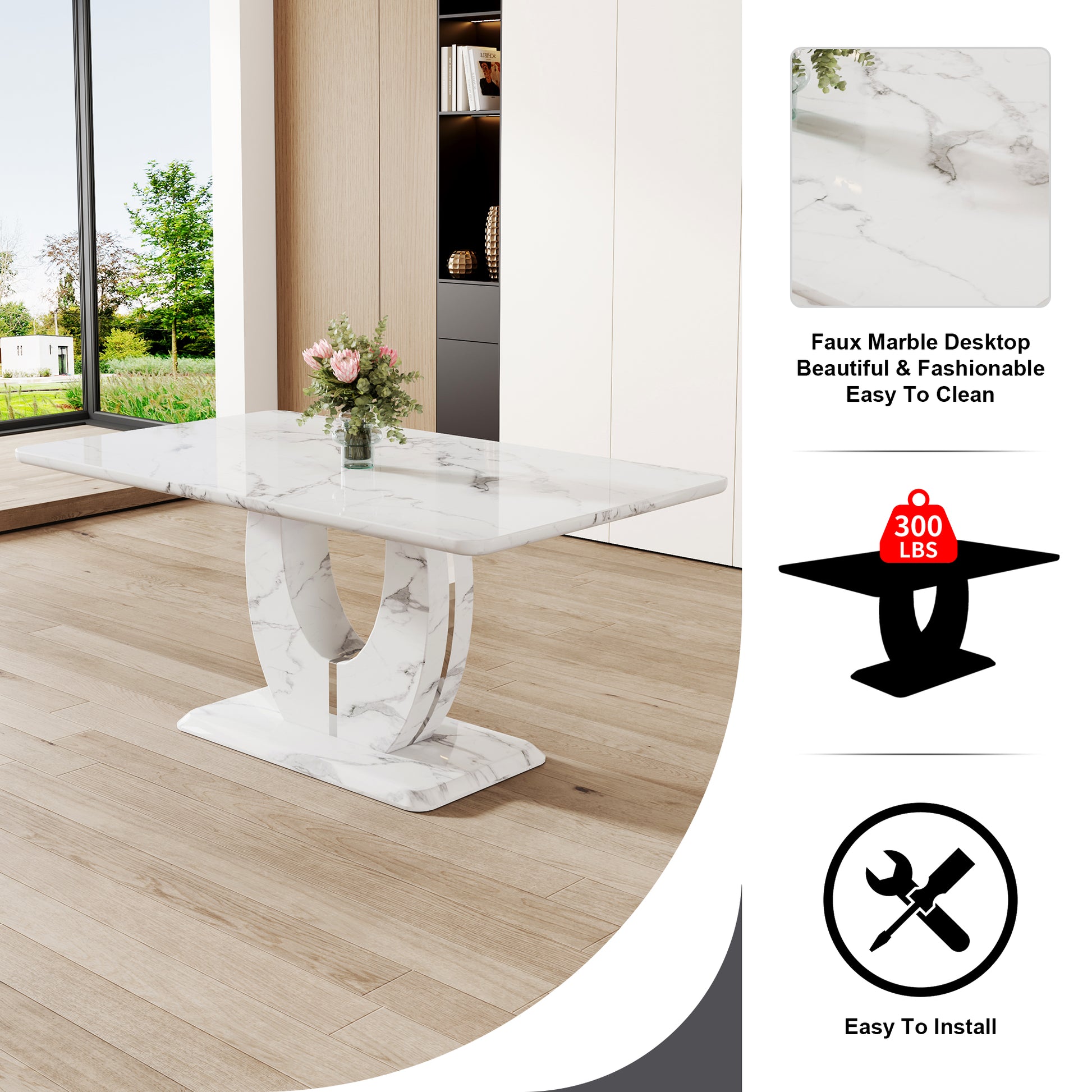 White marble dining table with modern Ushaped pedestal base