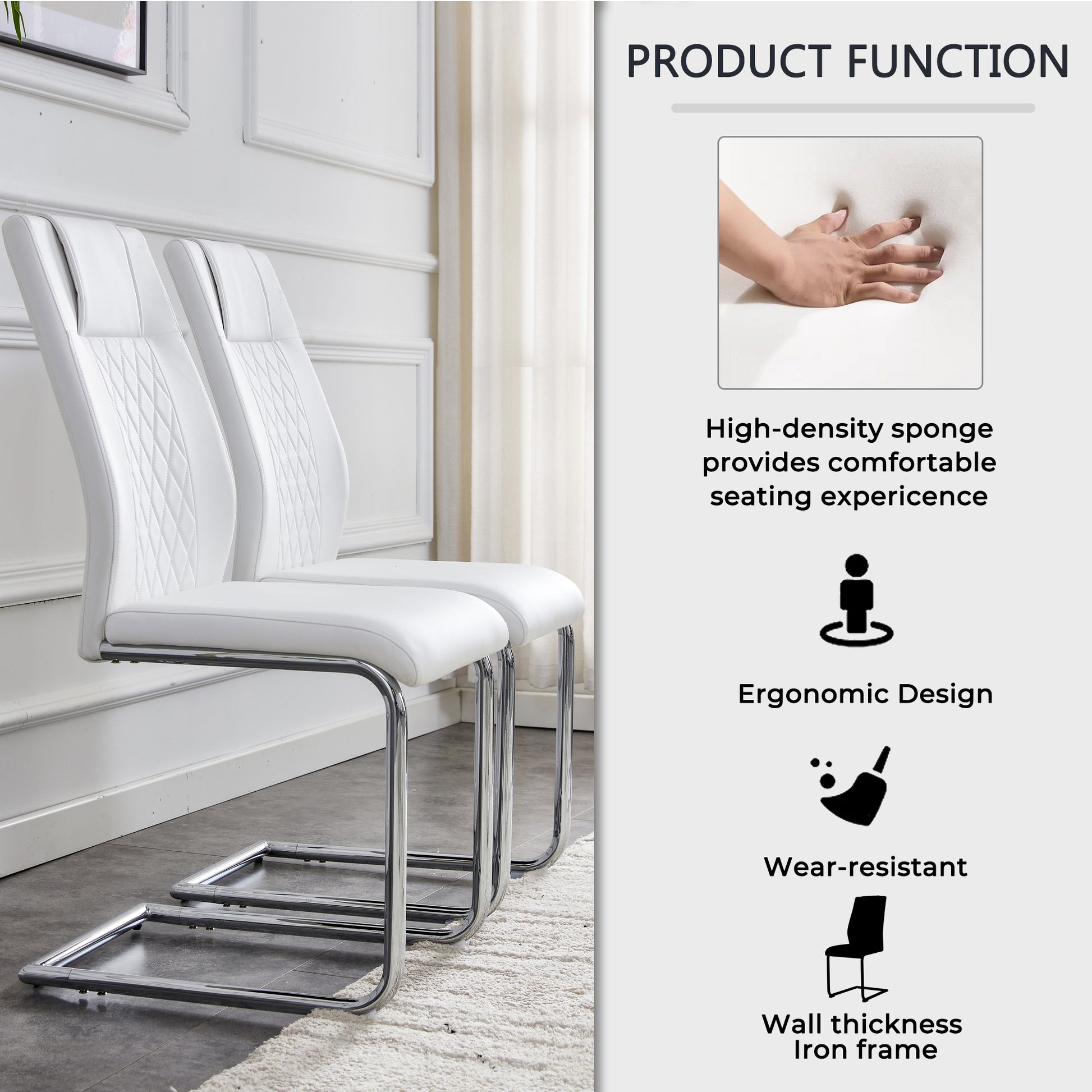 White leather dining chairs with diamond stitching and chrome sled bases