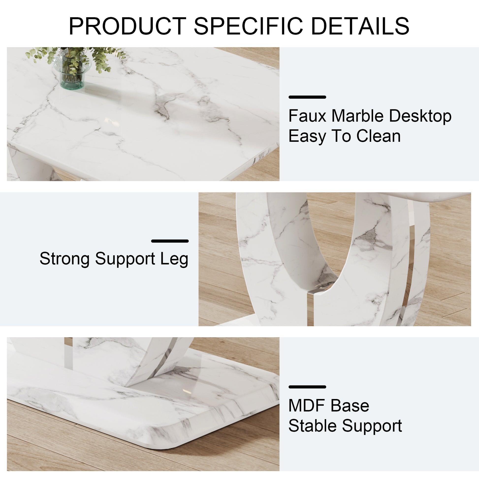 White faux marble desktop table with a glass vase of greenery