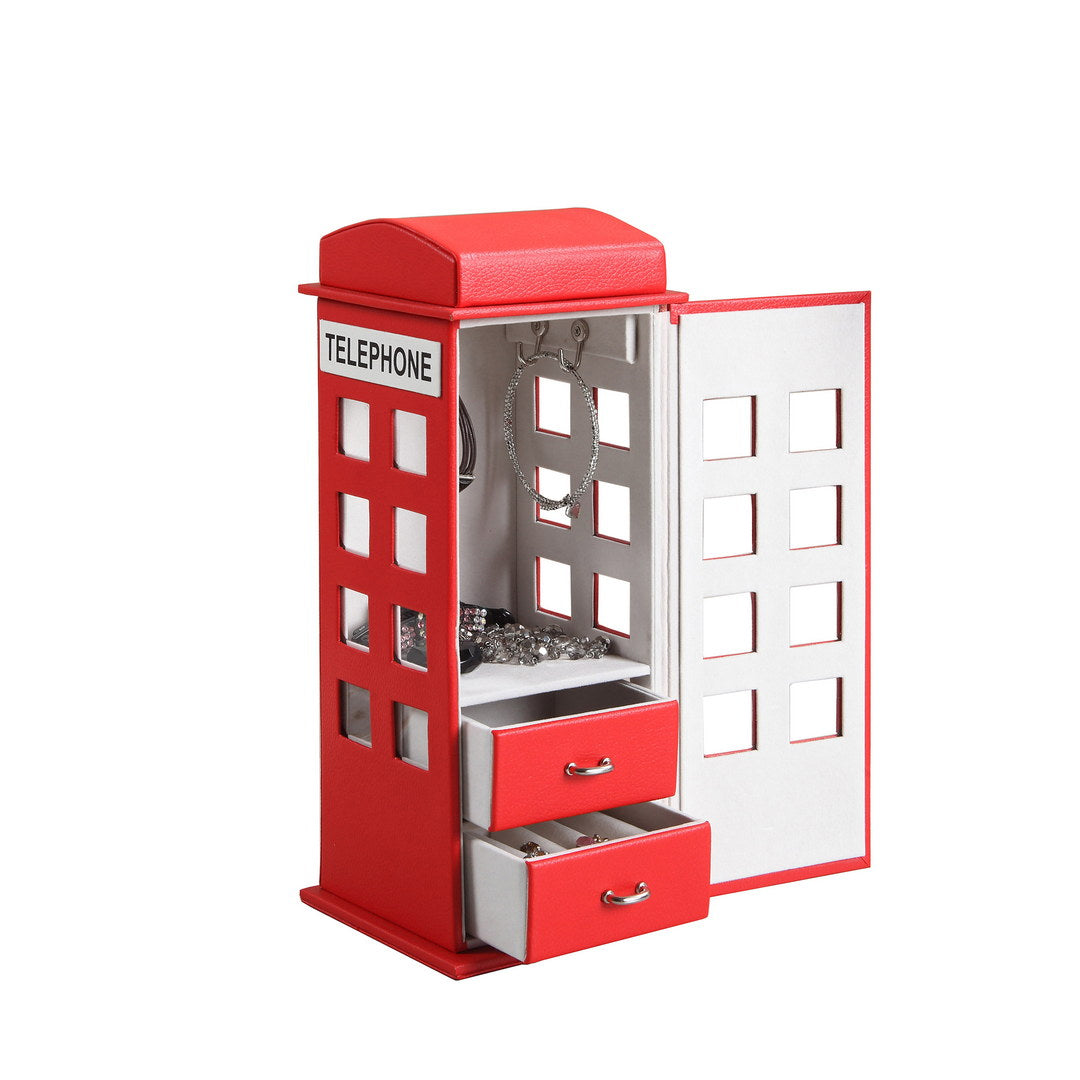 Red telephone booth jewelry box with silver necklaces