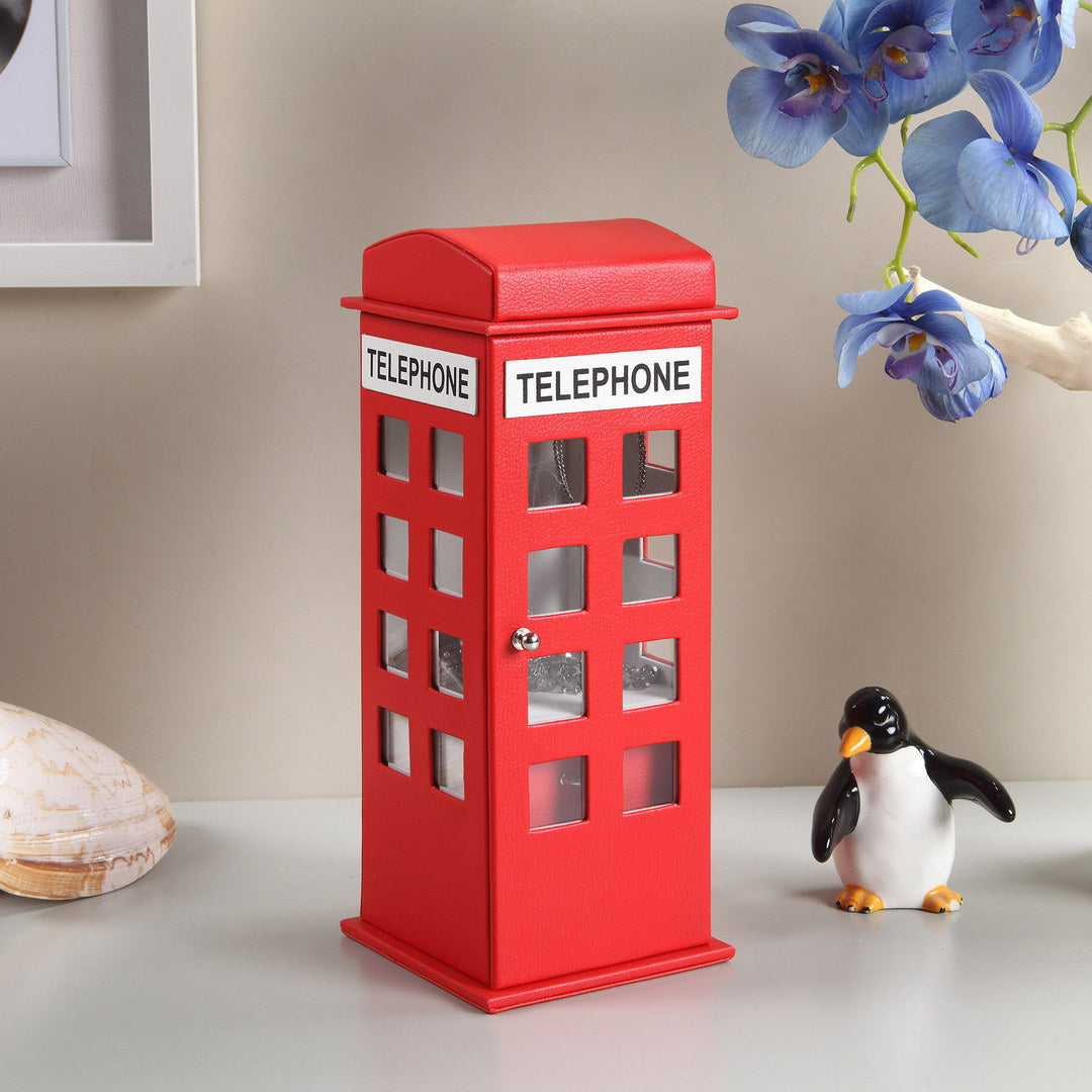 Red telephone booth jewelry box with clear window panels