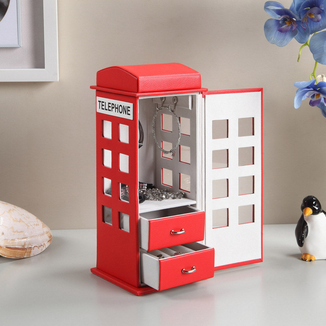 Red telephone booth jewelry organizer with drawers and hanging space