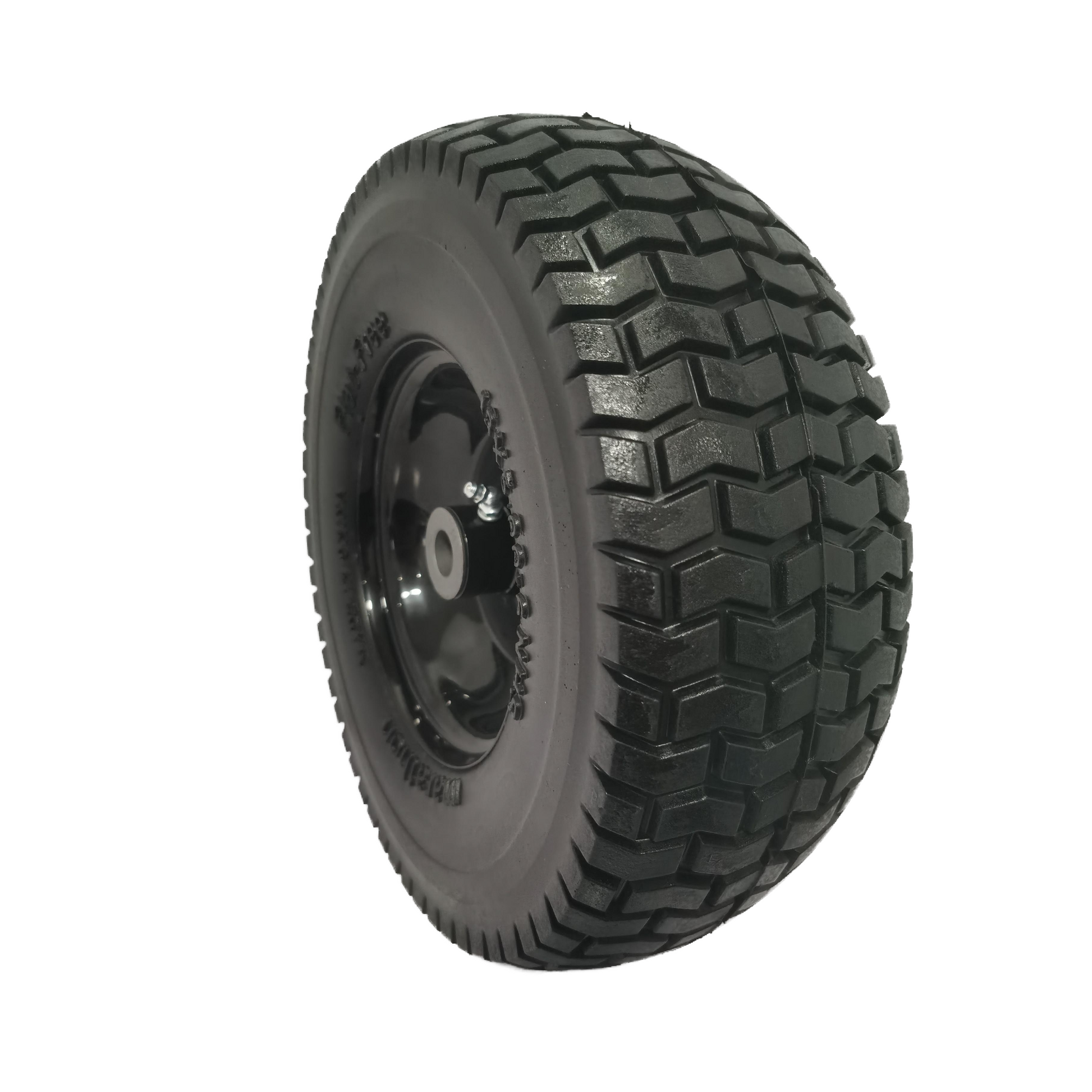 Black pneumatic wheel with aggressive tread