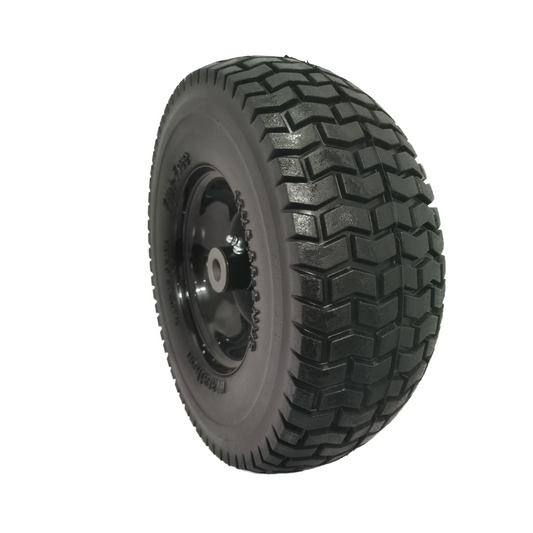 Black pneumatic wheel with aggressive tread