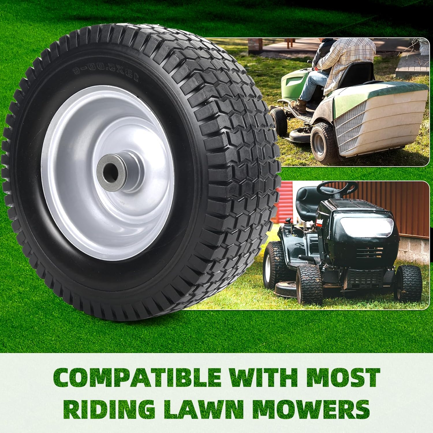 Heavyduty lawn mower tire with a silver metal wheel