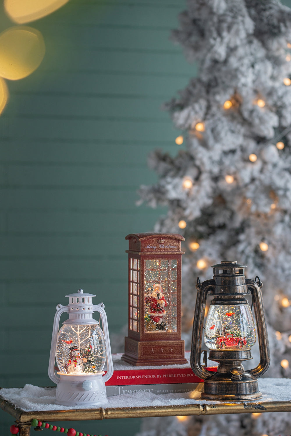 White snowman snow globe lantern with red bird accent