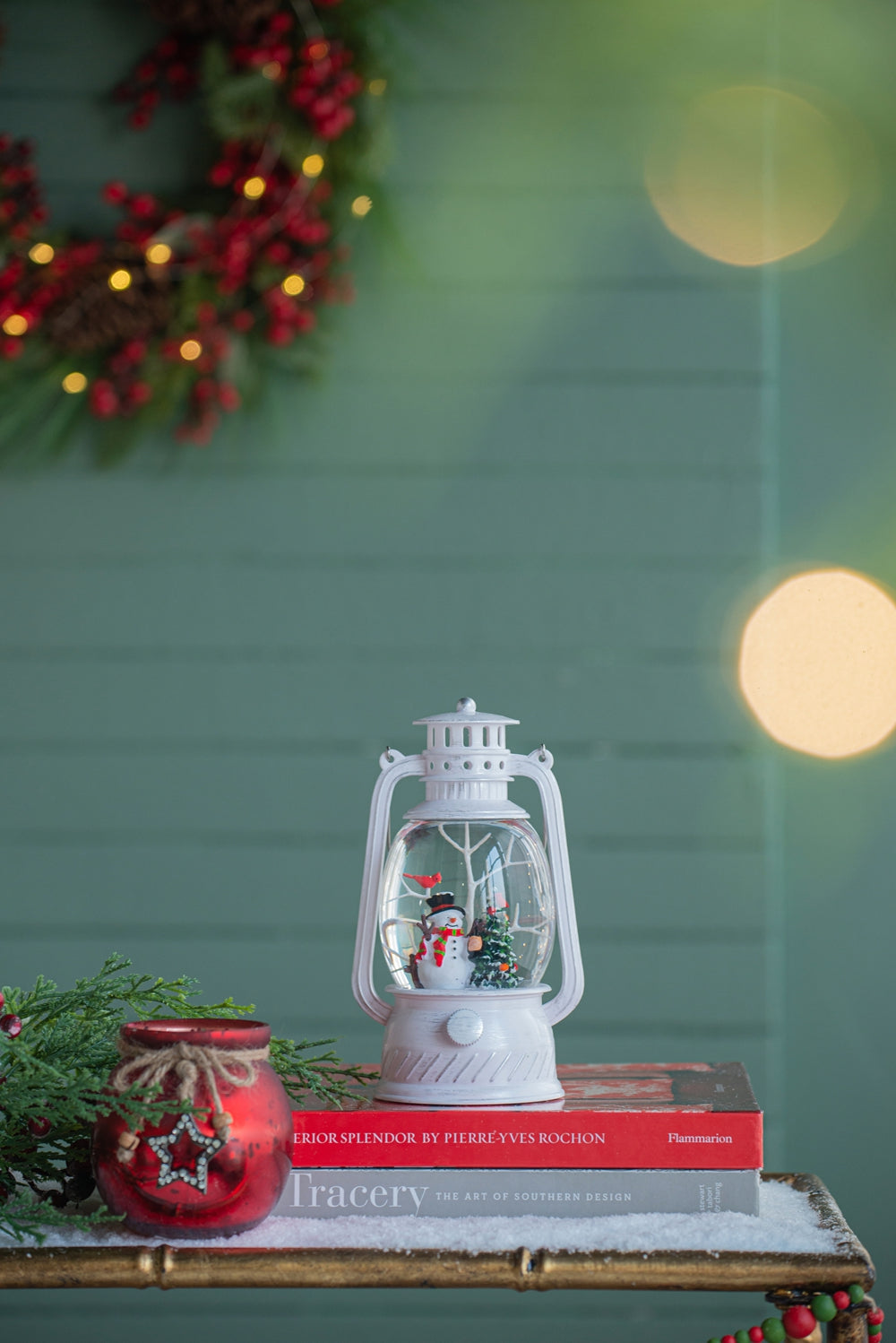White snow globe lantern with snowman