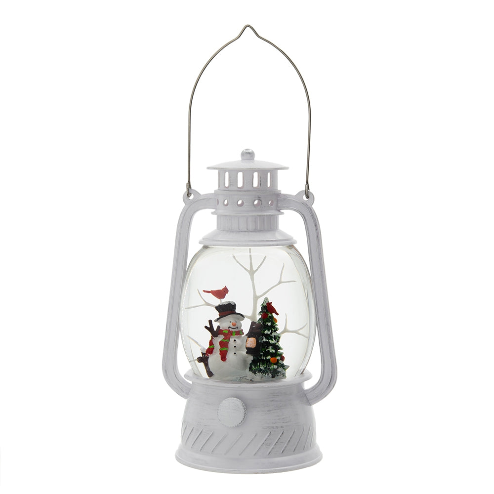 White snowman snow globe lantern with festive cardinal