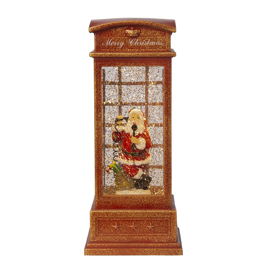Red glitter telephone booth snow globe featuring Santa Claus