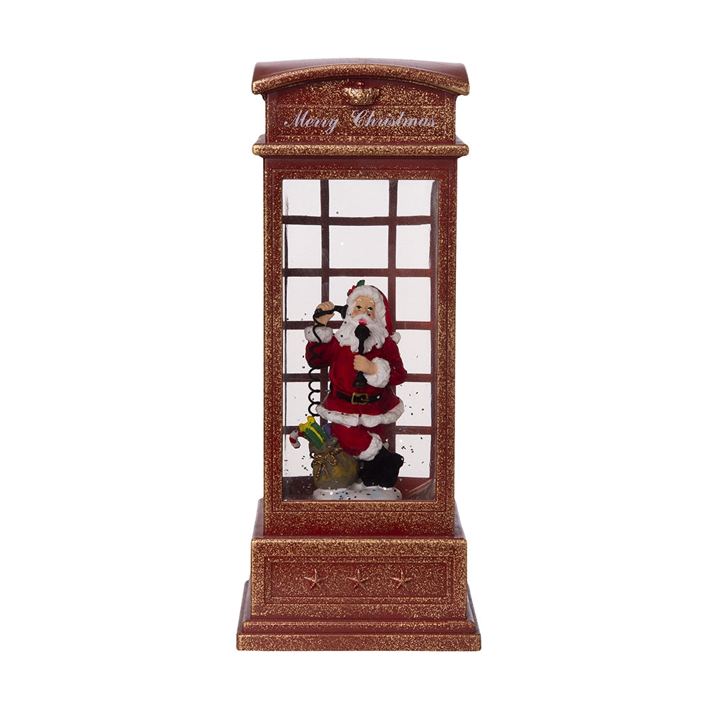 Red glittery London phone booth snow globe with Santa on the phone