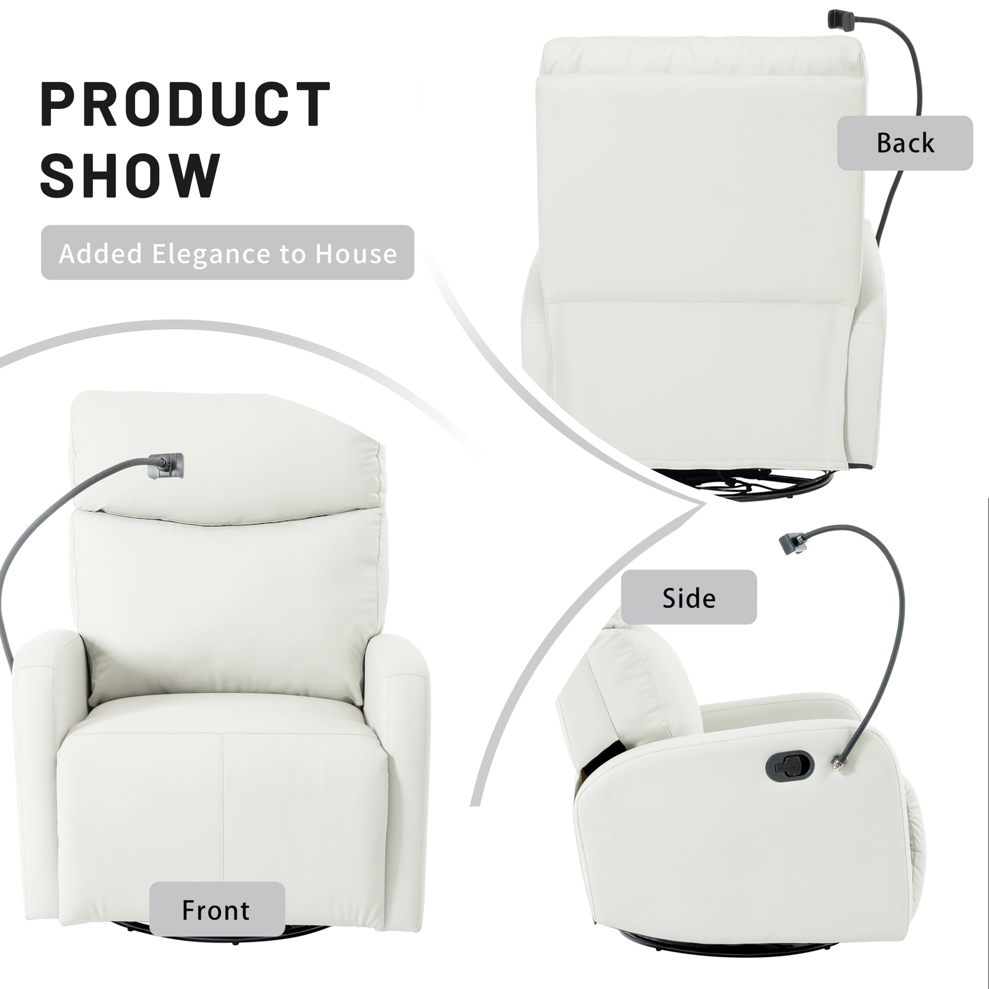 Front view of white recliner chair with padded headrest and armrests