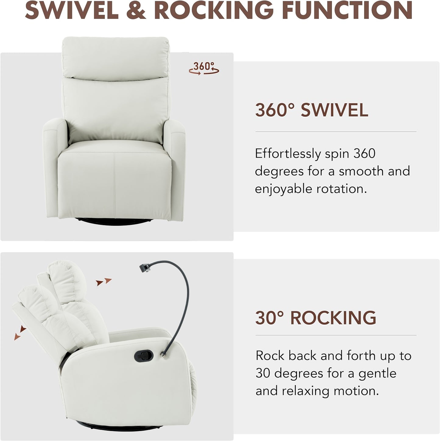 White leather recliner chair with degree swivel function