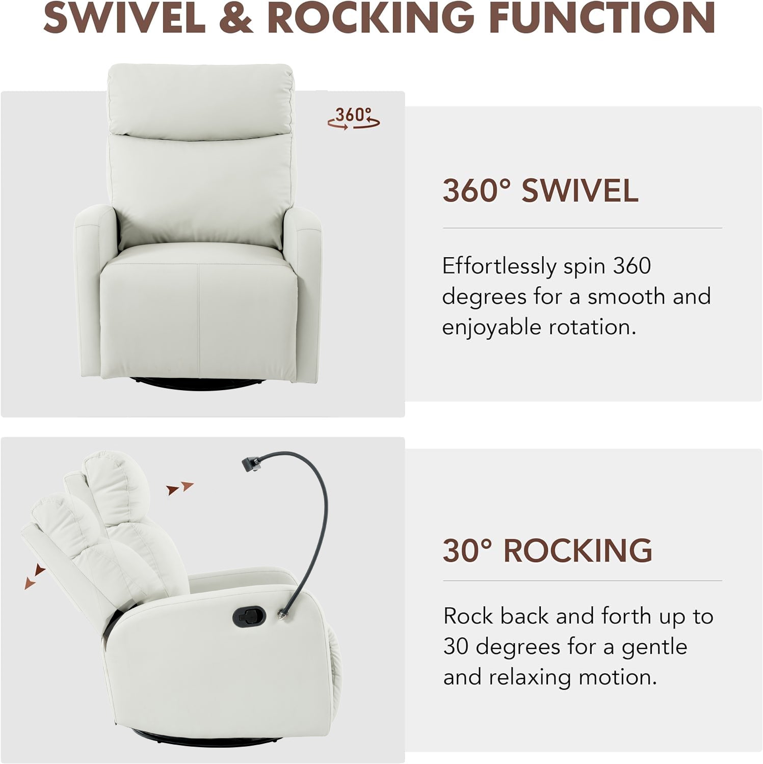 White leather recliner chair with degree swivel function