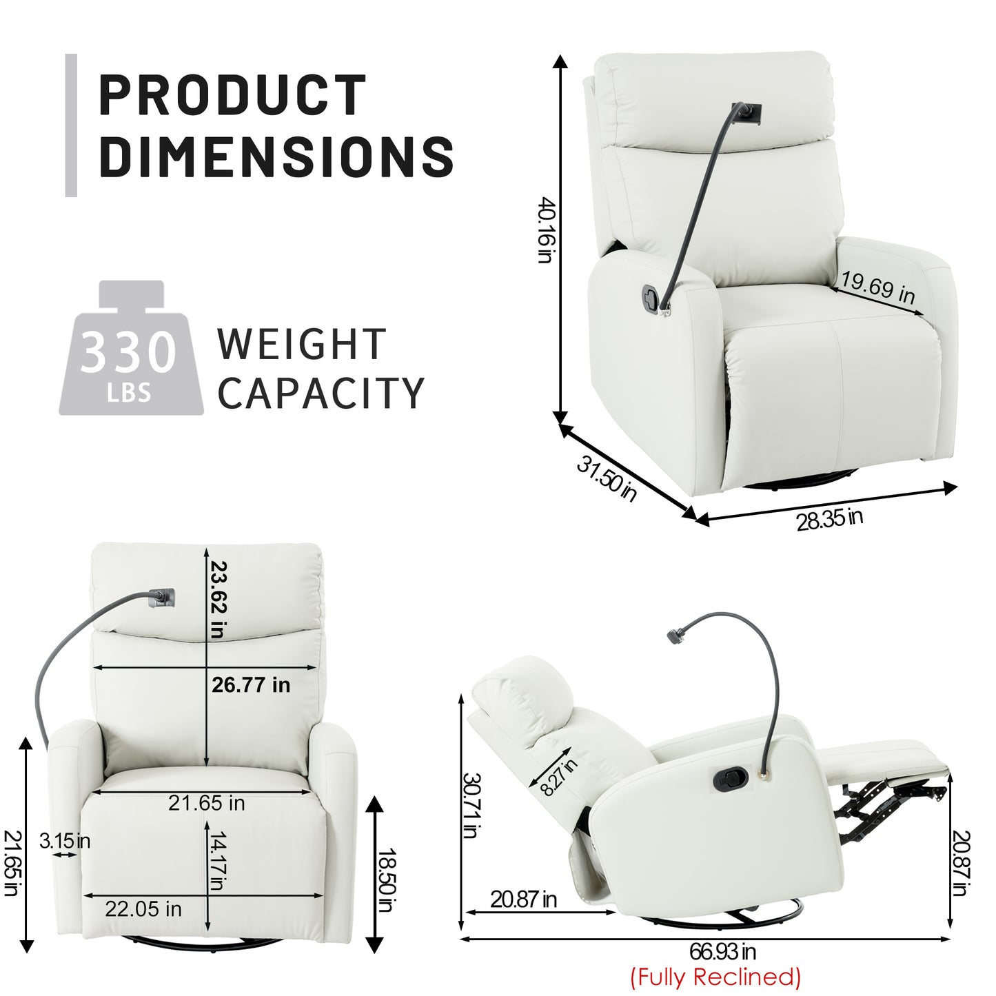 White leather recliner chair with dimensions for seating area