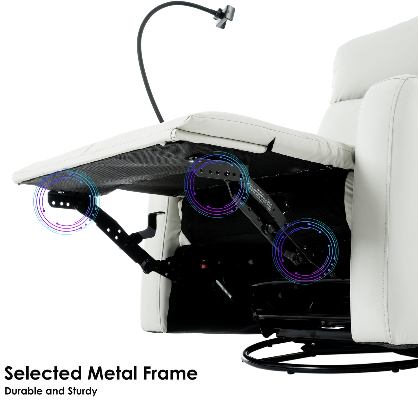 Closeup of white leather recliner mechanism with durable metal frame