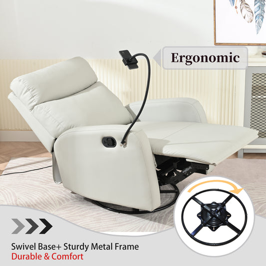 White faux leather ergonomic recliner with phone holder and swivel base