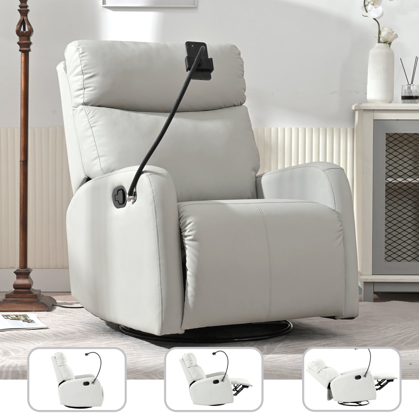 White leather massage recliner with a flexible phone holder