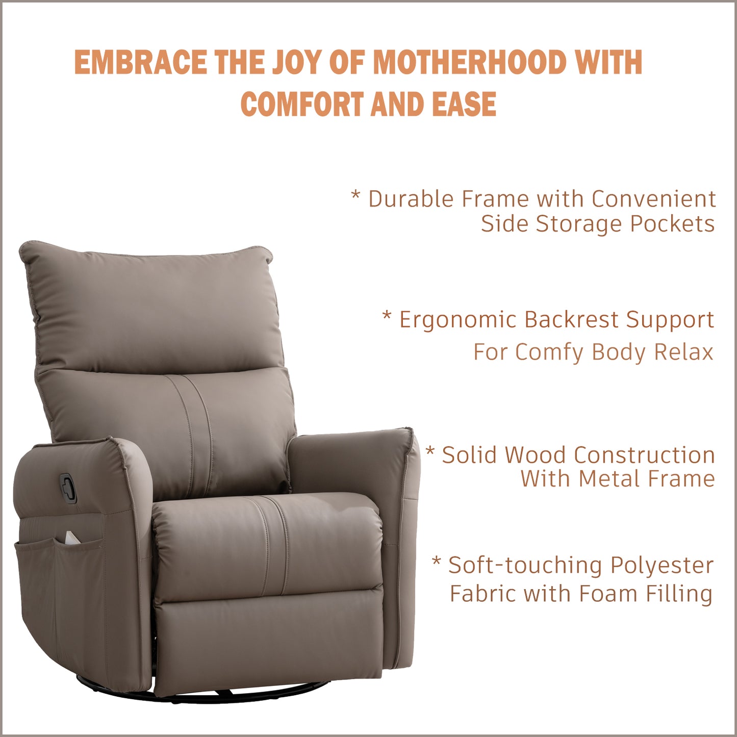 Taupe upholstered recliner chair with side pockets