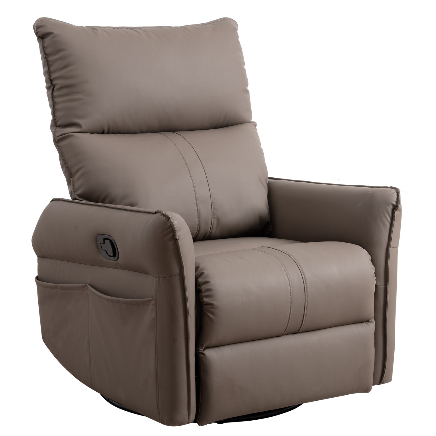 Taupe recliner chair with padded cushions and side pocket