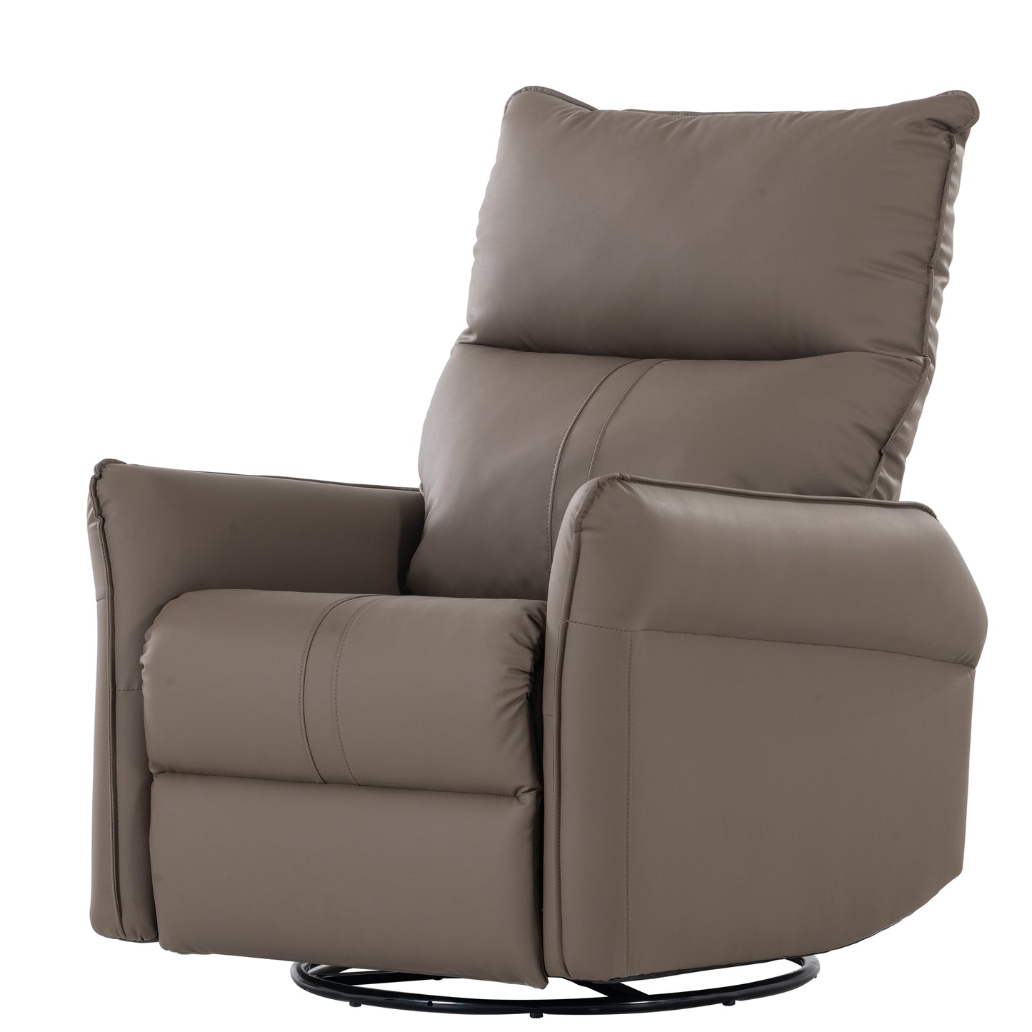 Brown leather swivel recliner with plush cushioning and stitched accents