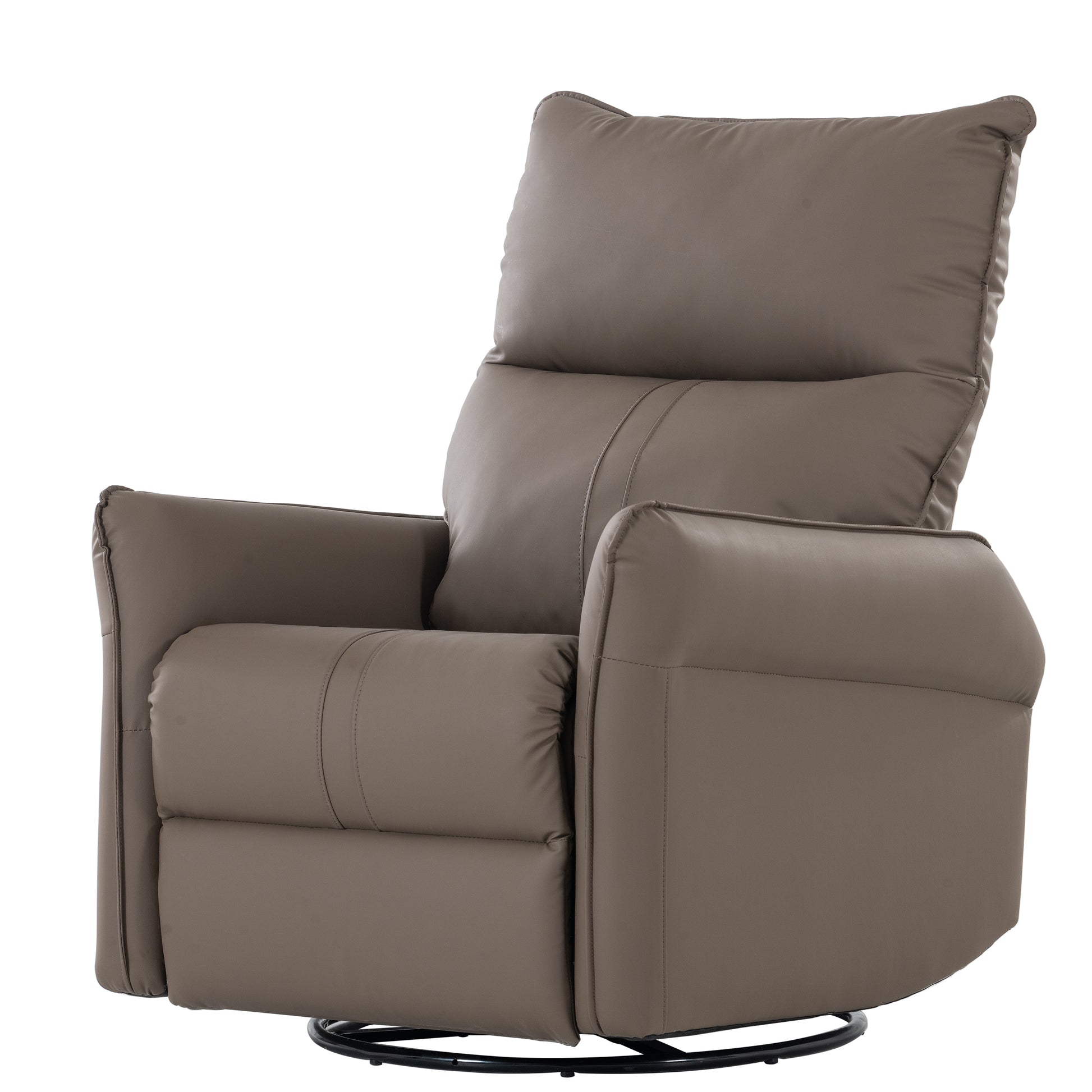 Brown leather swivel recliner with plush cushioning and stitched accents