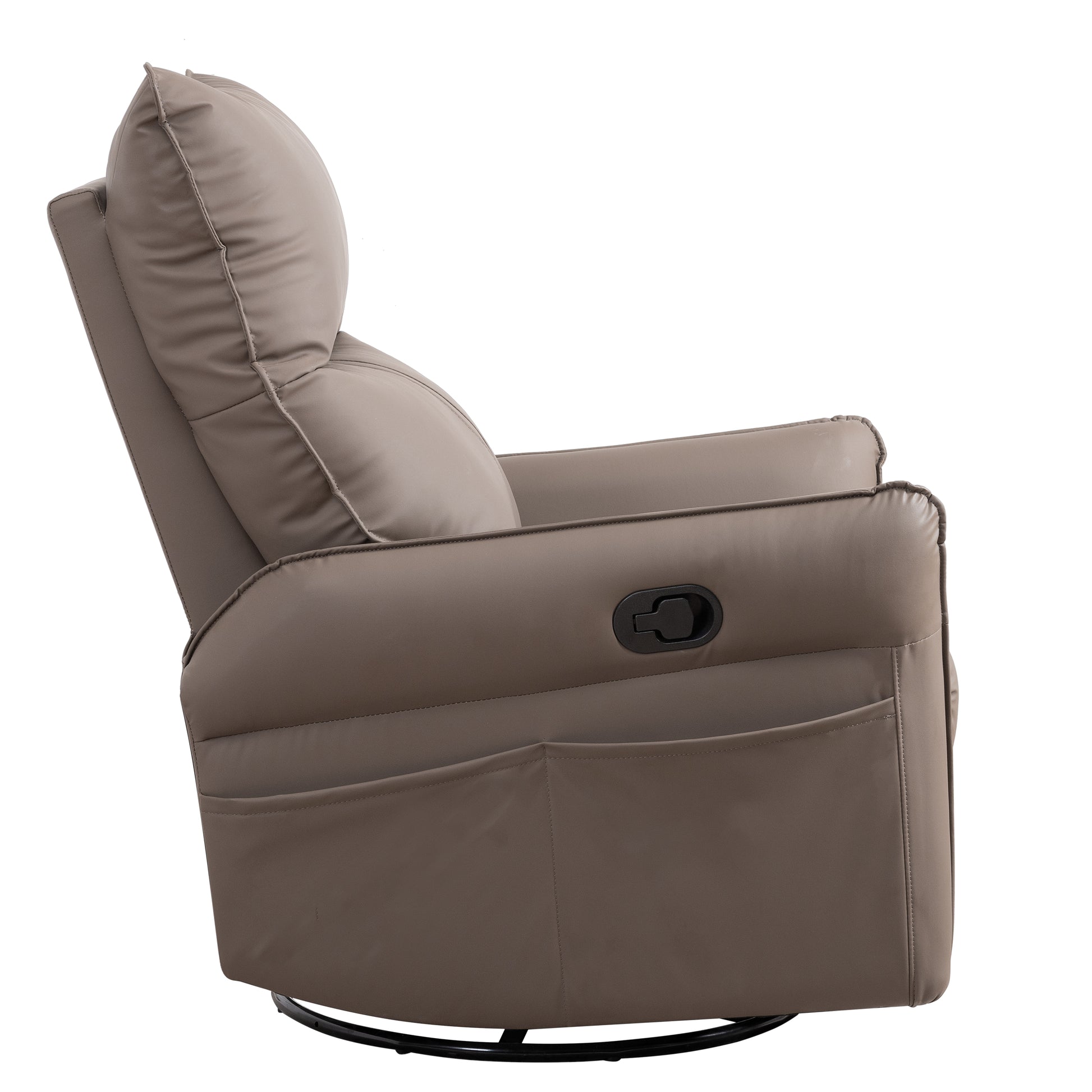 Brown leather recliner chair with side pocket and lever