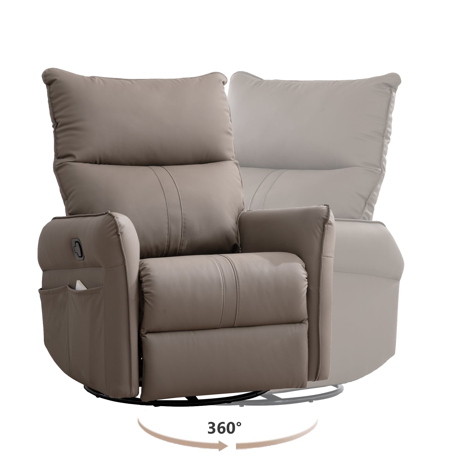 Brown leather swivel recliner with side pockets