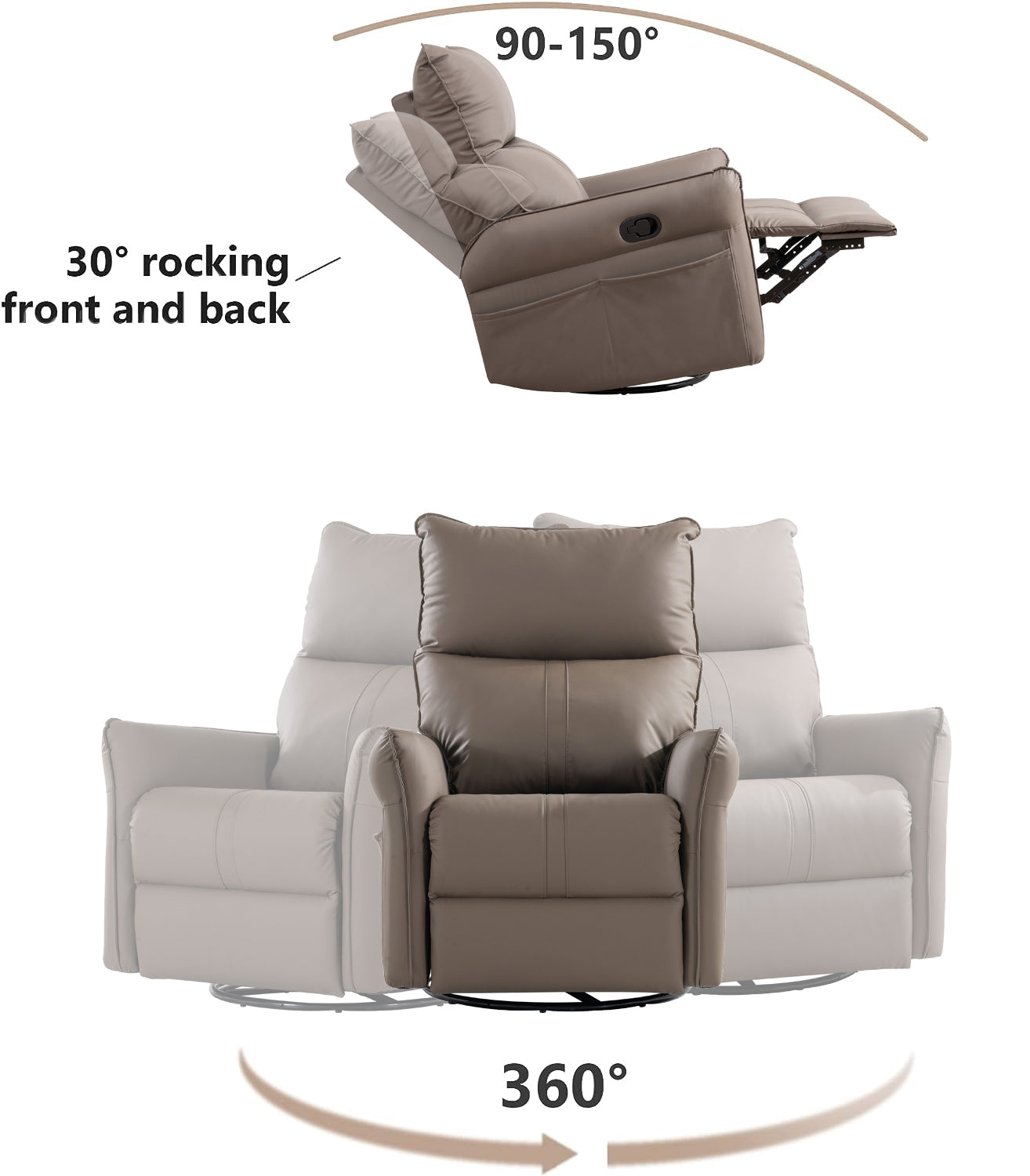 Tan leather recliner chair with  front and back rocking motion