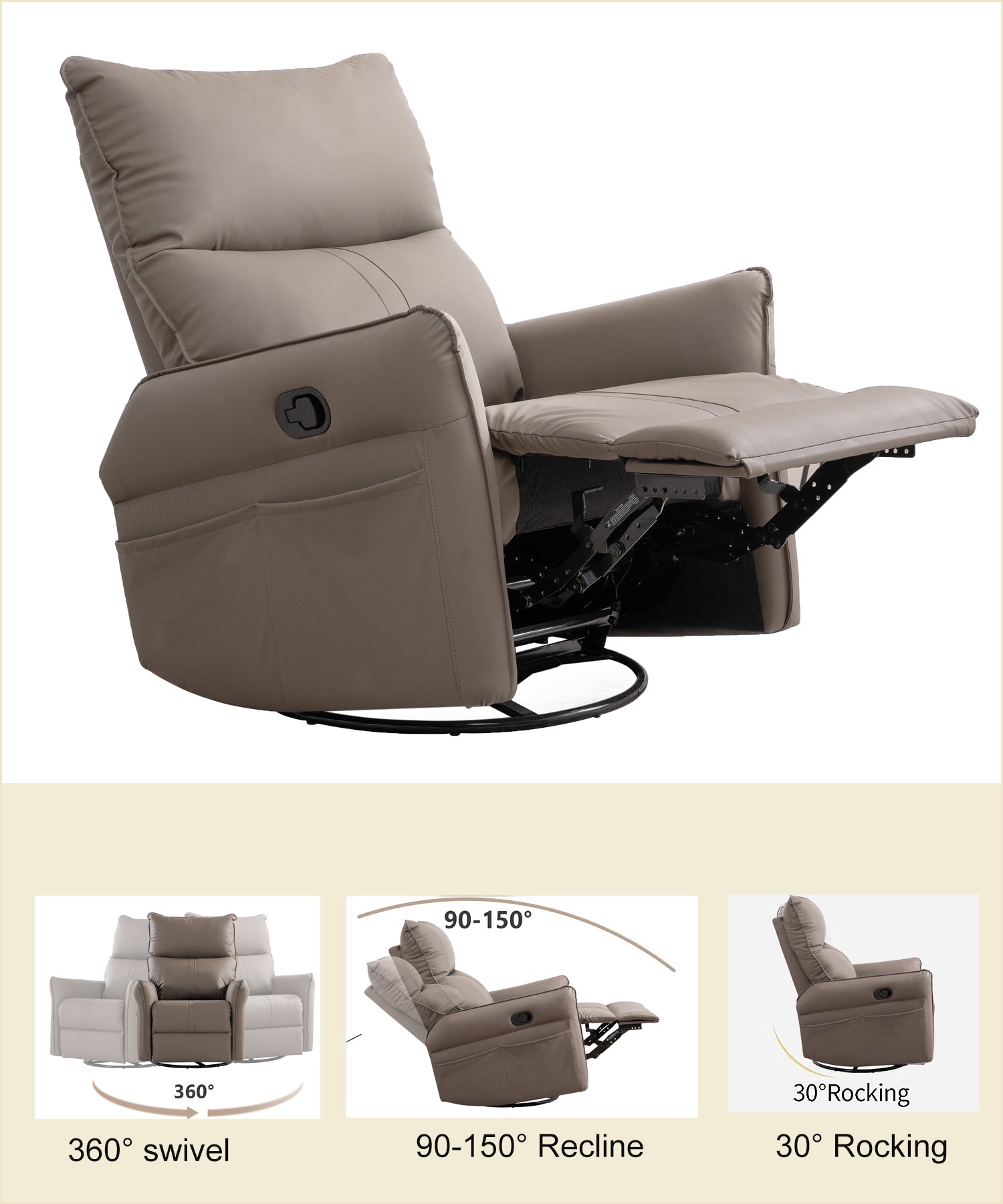 Taupe faux leather recliner chair with wide armrests and swivel base