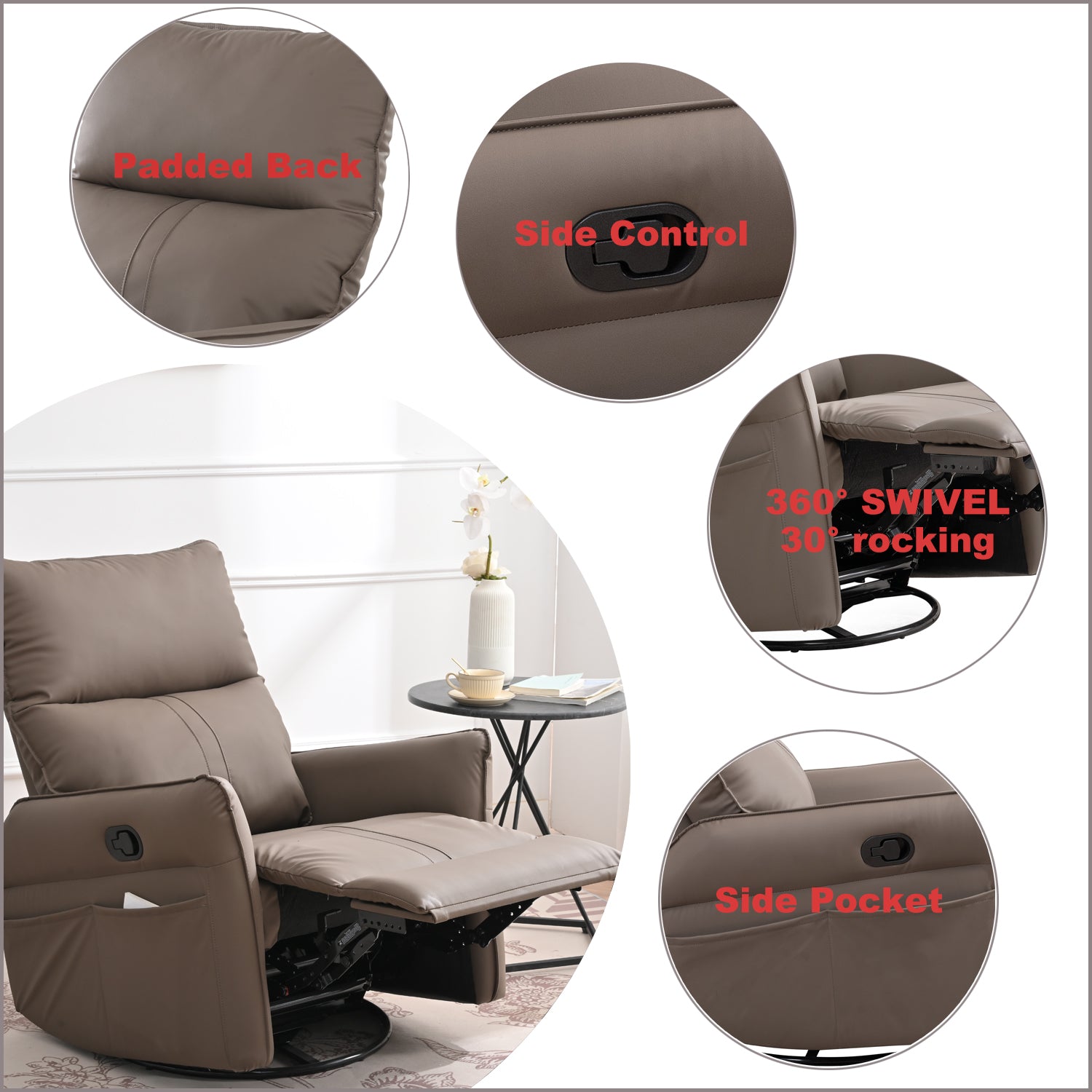 Brown faux leather recliner with padded back and side control lever