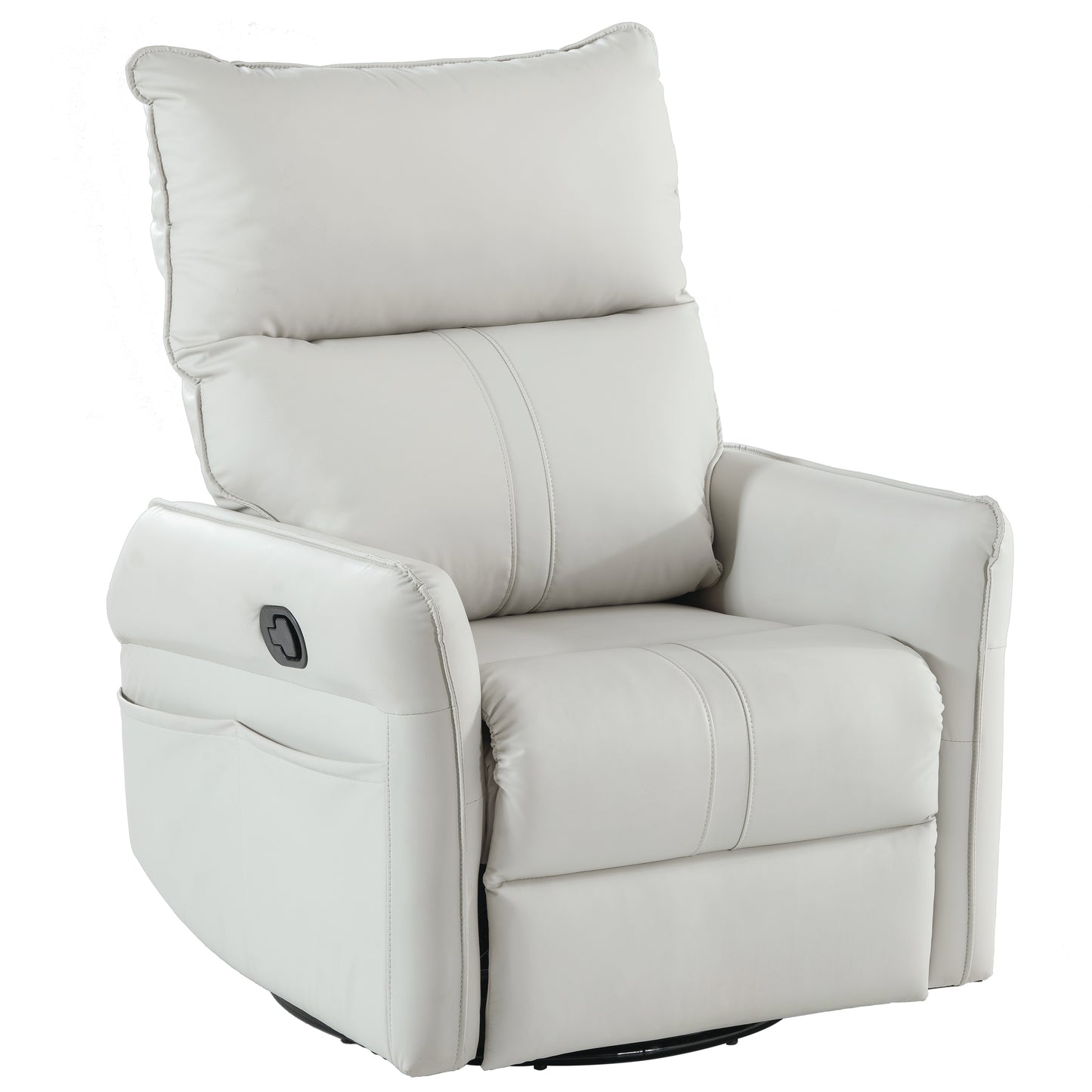 White leather swivel recliner with plush cushioning and side pocket