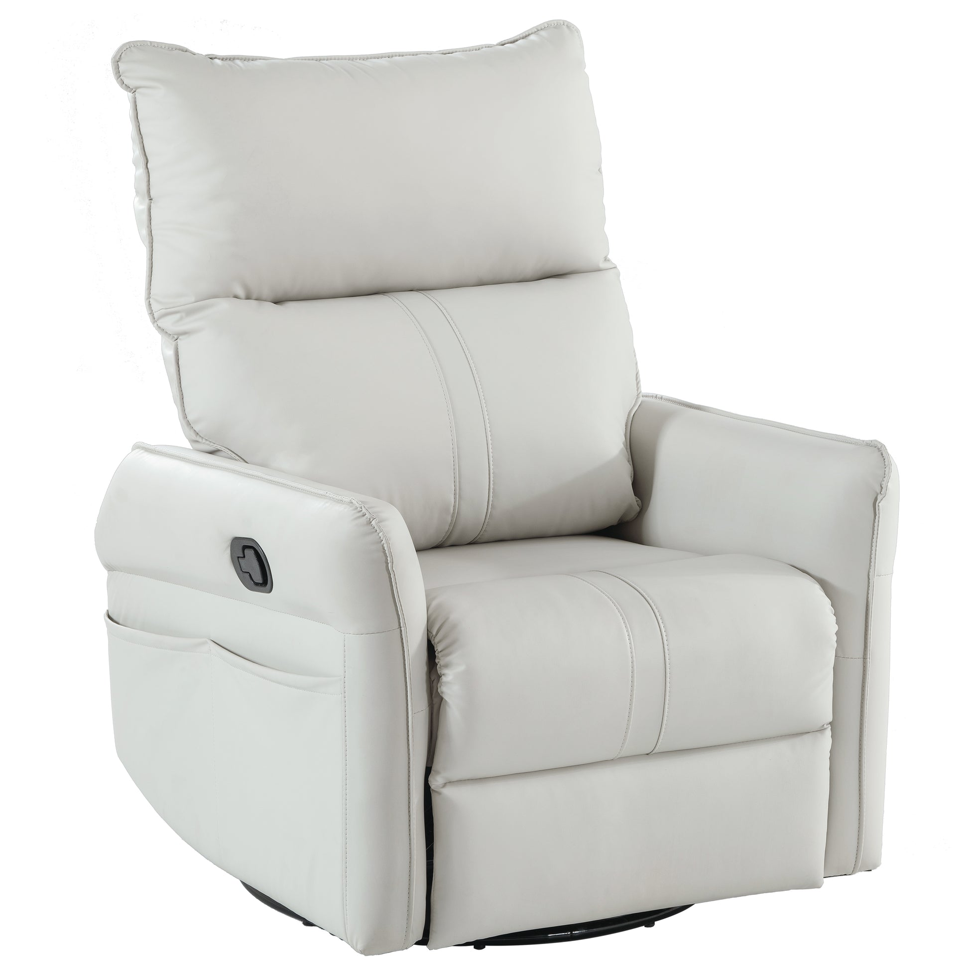 White leather swivel recliner with plush cushioning and side pocket