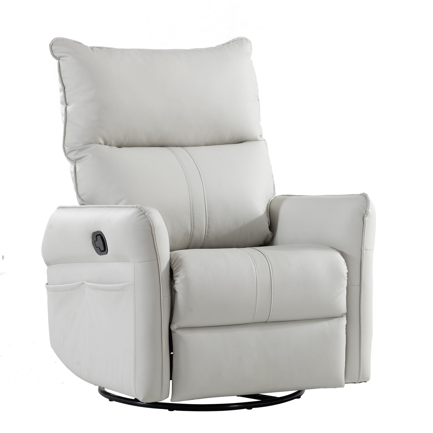 Sleek grey leather recliner chair with lumbar support and convenient side pockets