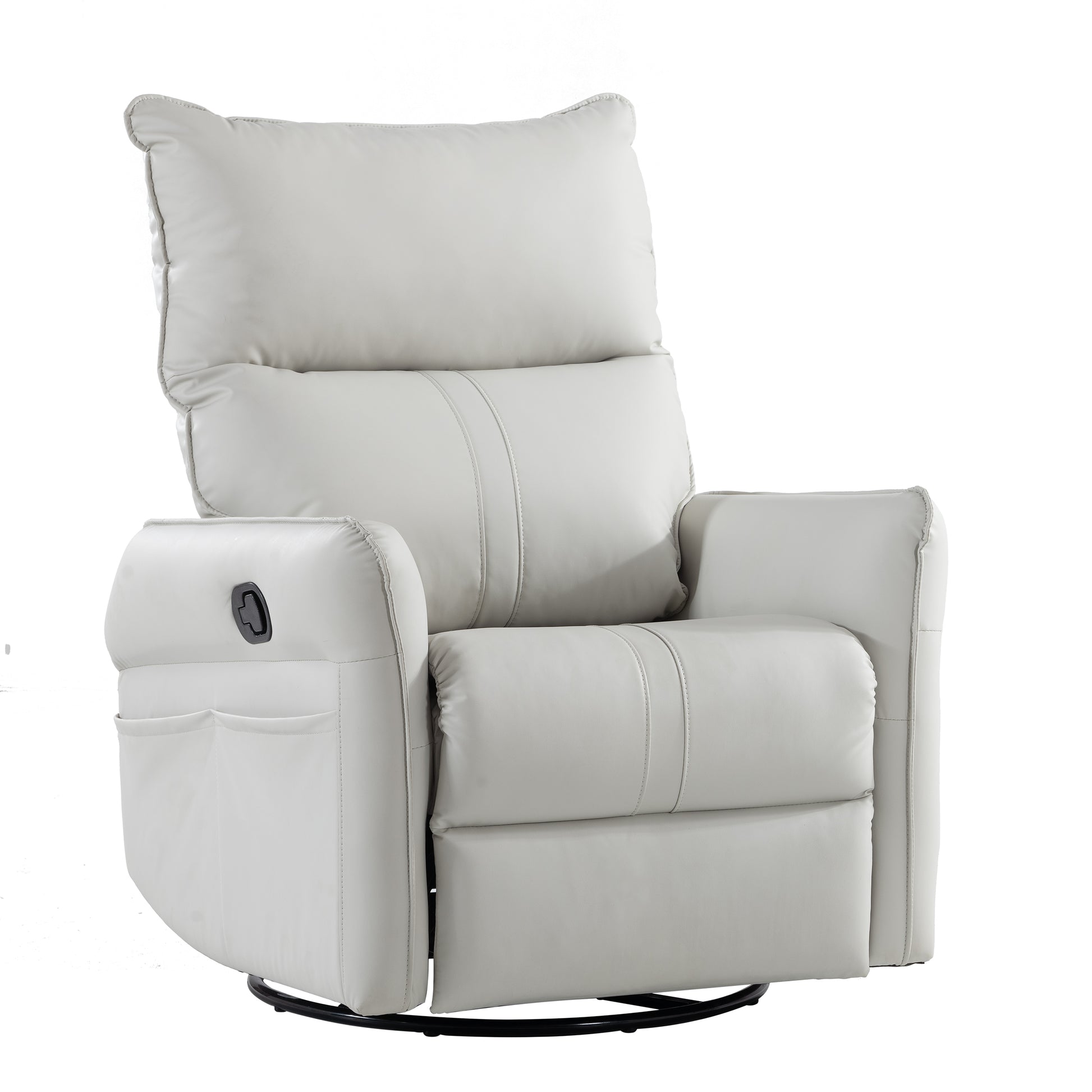 Sleek grey leather recliner chair with lumbar support and convenient side pockets