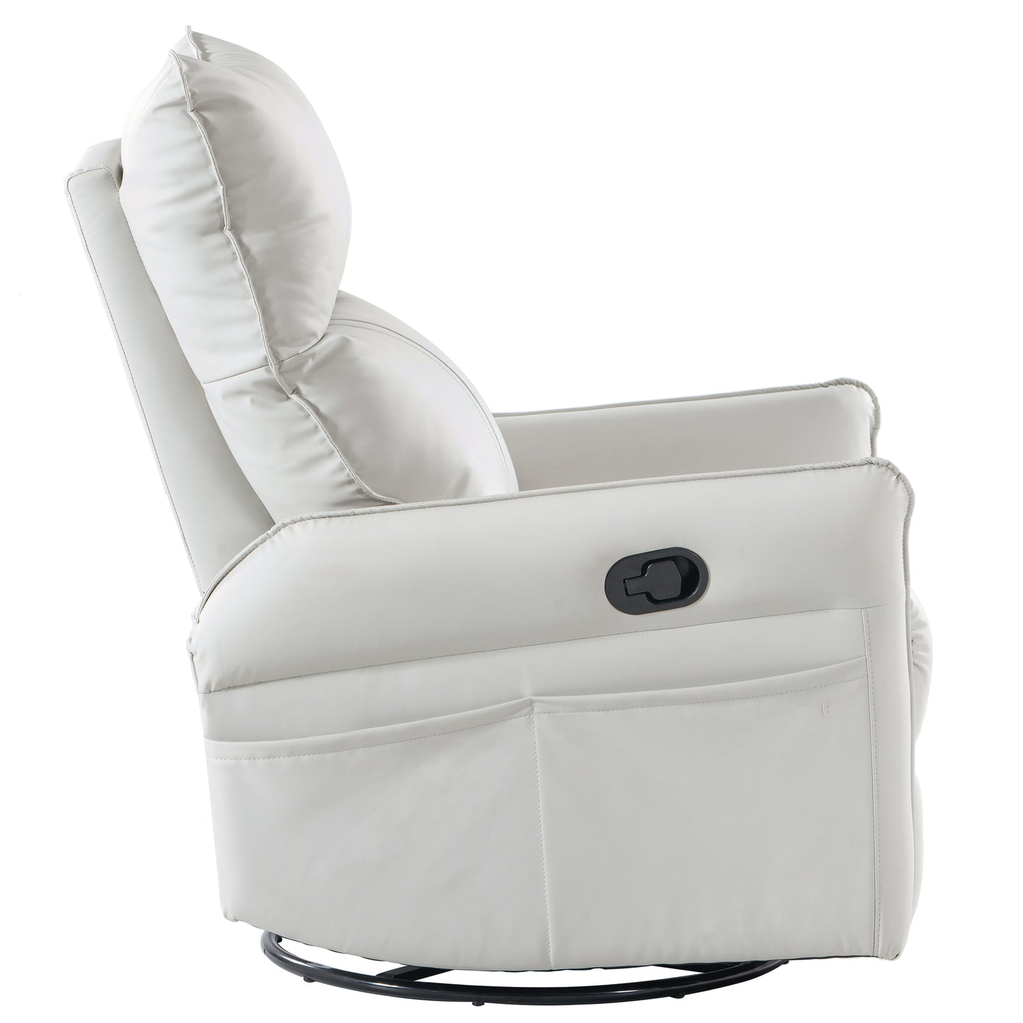 White faux leather swivel recliner with padded headrest and armrests