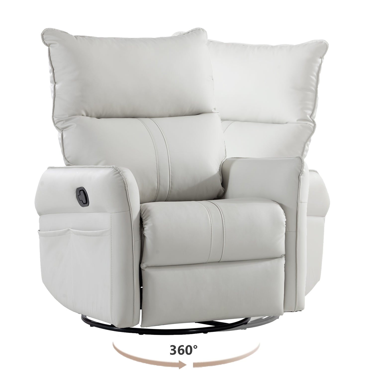 White leather swivel recliner with plush cushions and side pockets