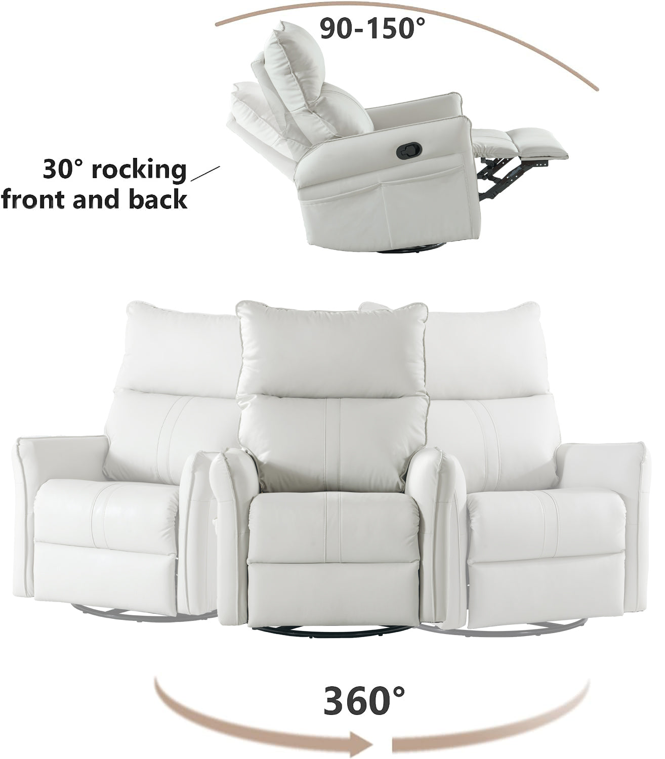 White leather recliner chair with  rocking and  recline