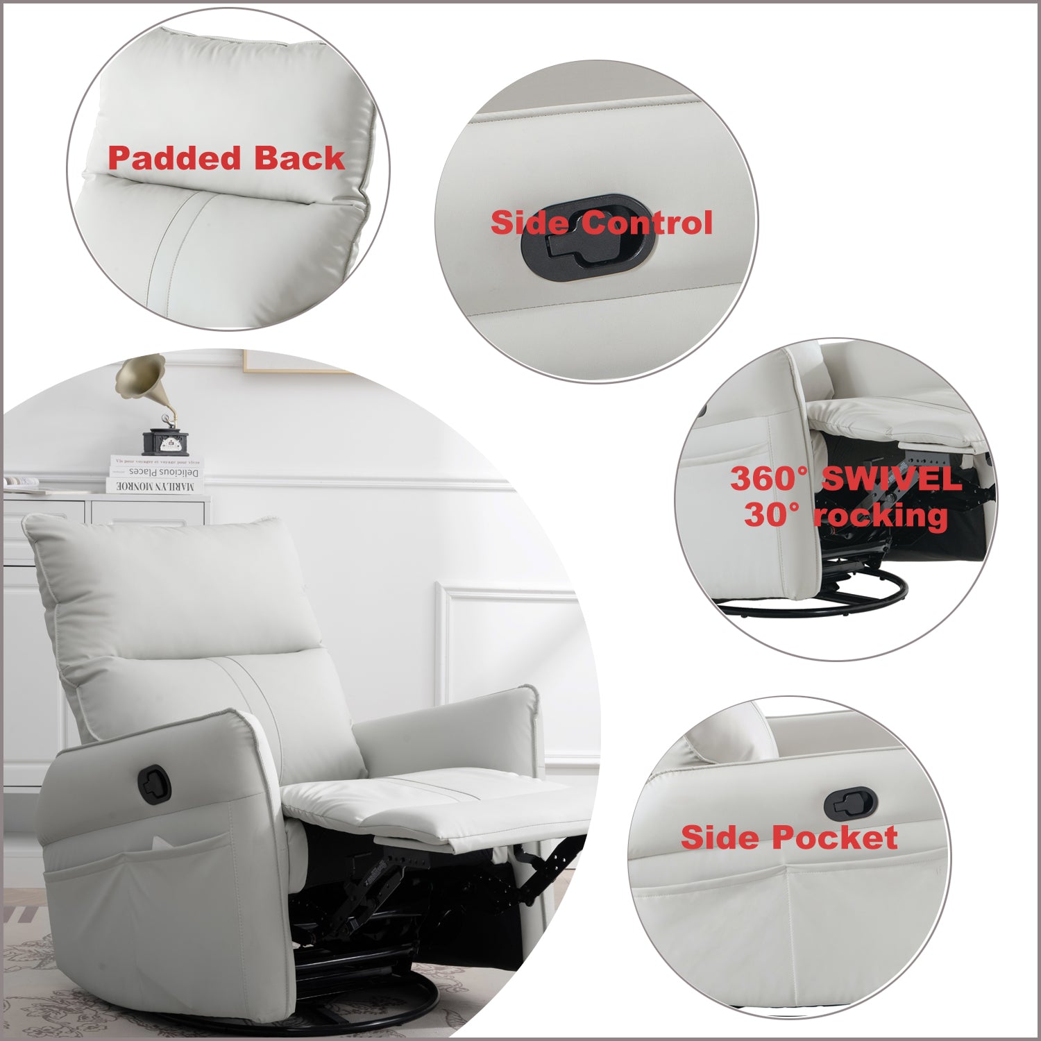 Light gray recliner chair with padded back and side pocket