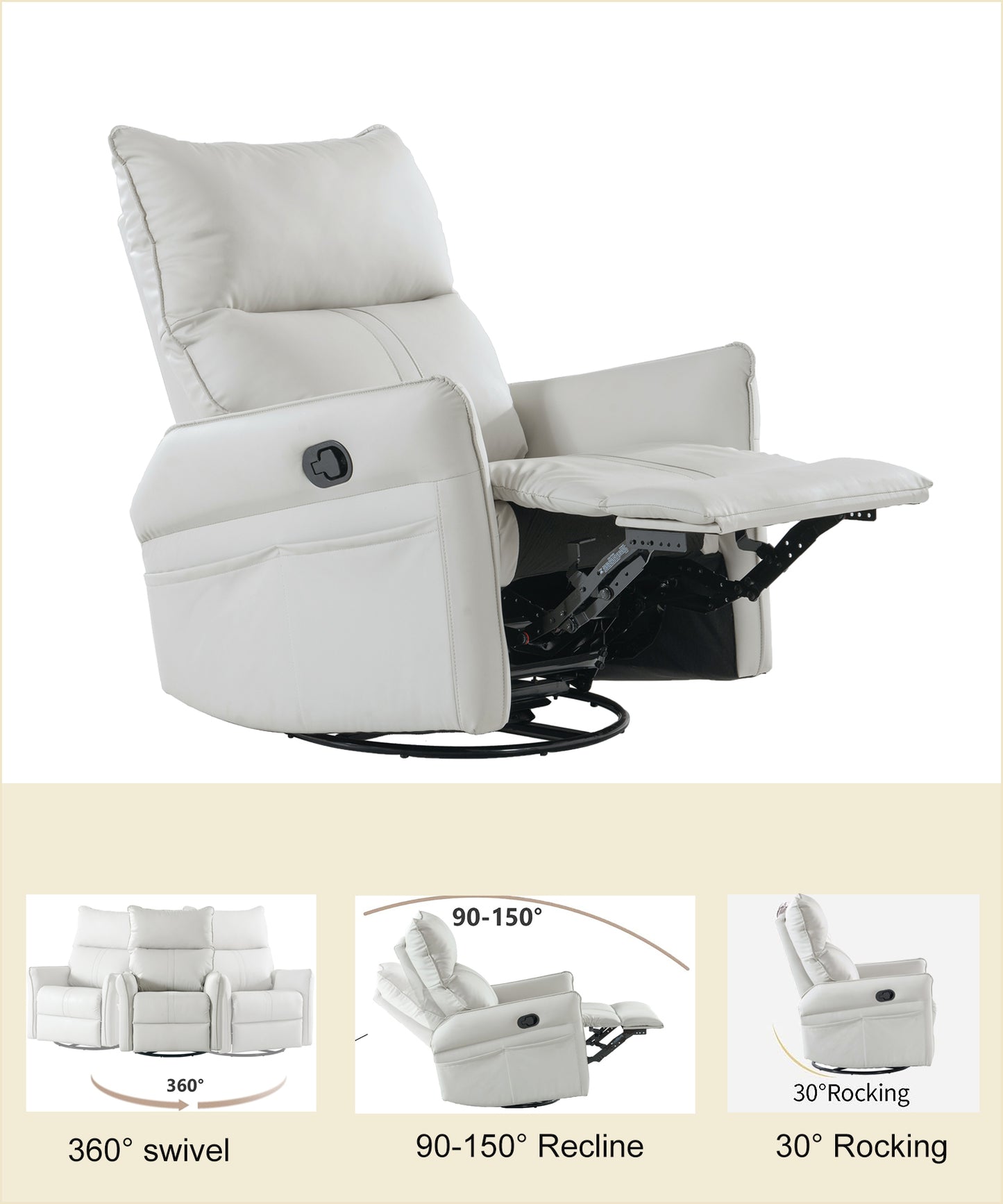 White leather swivel recliner with extended footrest and side pockets